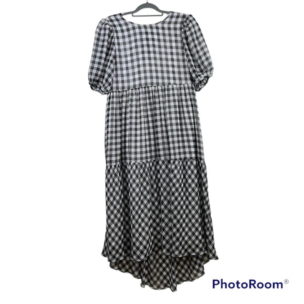 VICI X Destiny Black White Plaid Pullover Balloon Sleeve Tiered Hi Low Dress